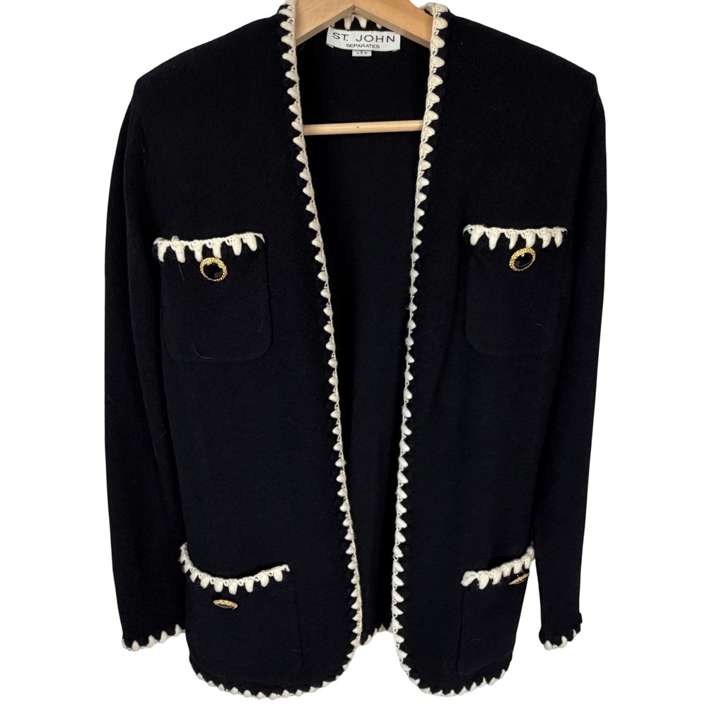 St John Separates Black Knit Cardigan Jacket Whipstitch Trim Gold Buttons USA